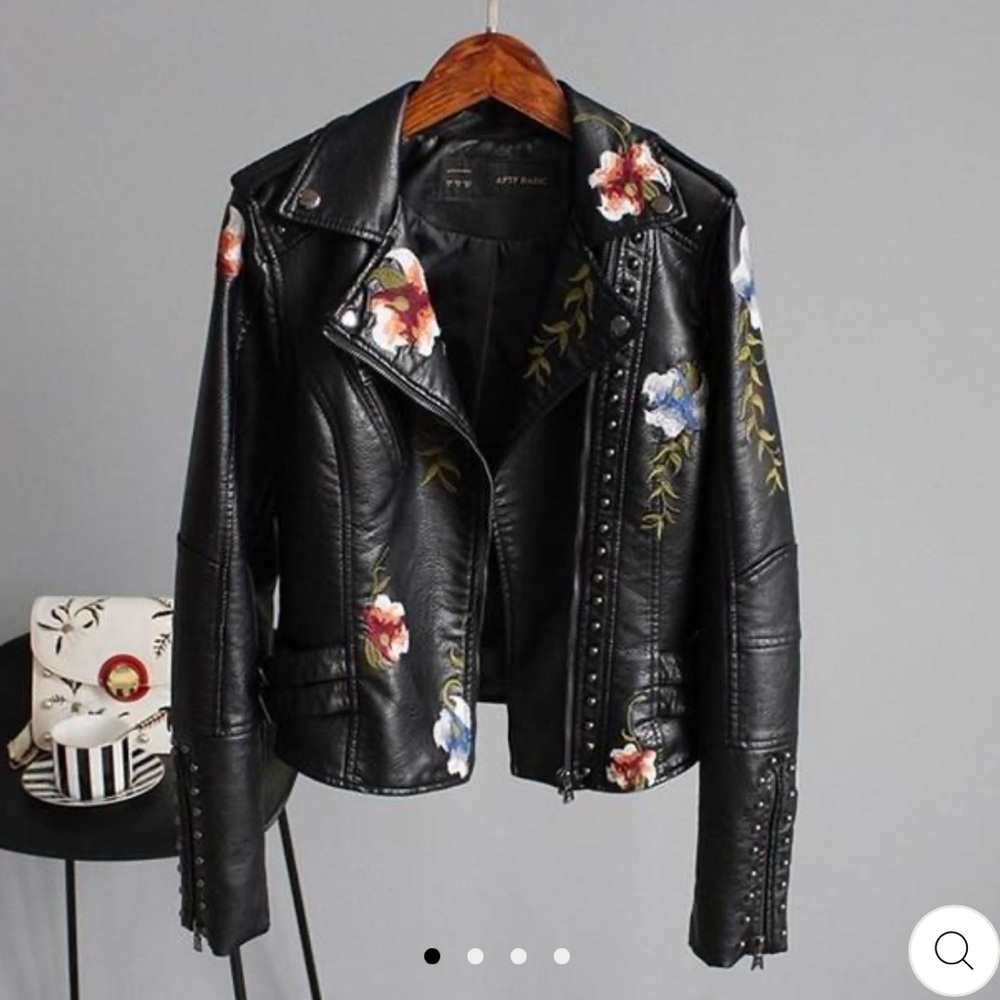 Goth N Rock Floral Embroidered & Studded Floral Faux Leather Jacket